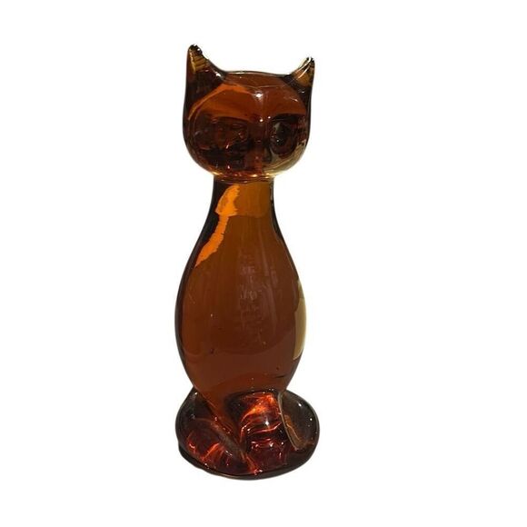 MCM 5.5" Amber Glass Cat Paperweight Figurine, Vintage, Rare Find, Elegant Decor - Picture 5 of 9